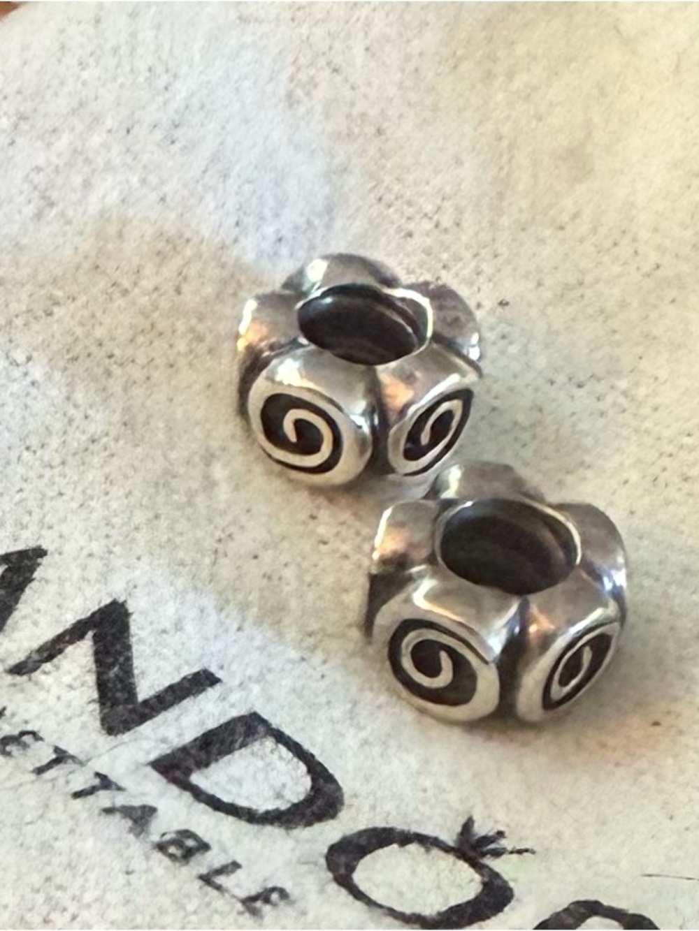Pandora TWO Sterling Silver Swirl Flower Spacer Charms- Black Accents